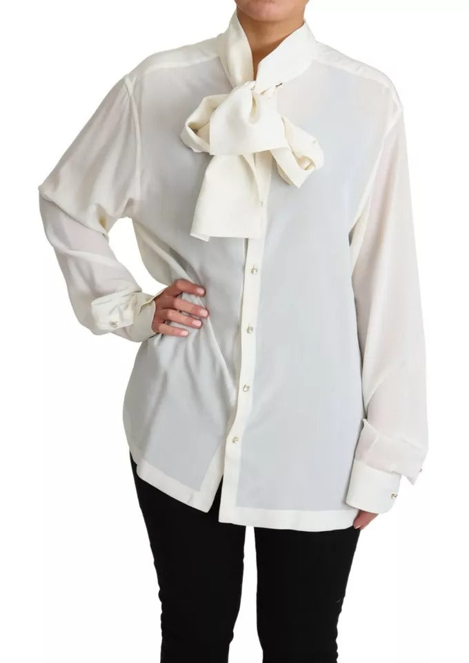 Dolce & Gabbana White Blouse Ascot Collar Shirt Silk Top Dolce & Gabbana