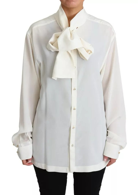 Dolce & Gabbana White Blouse Ascot Collar Shirt Silk Top Dolce & Gabbana