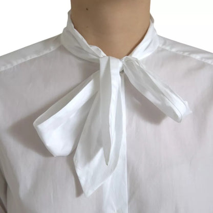 Dolce & Gabbana White Cotton Ascot Collar Long Sleeves Top Dolce & Gabbana