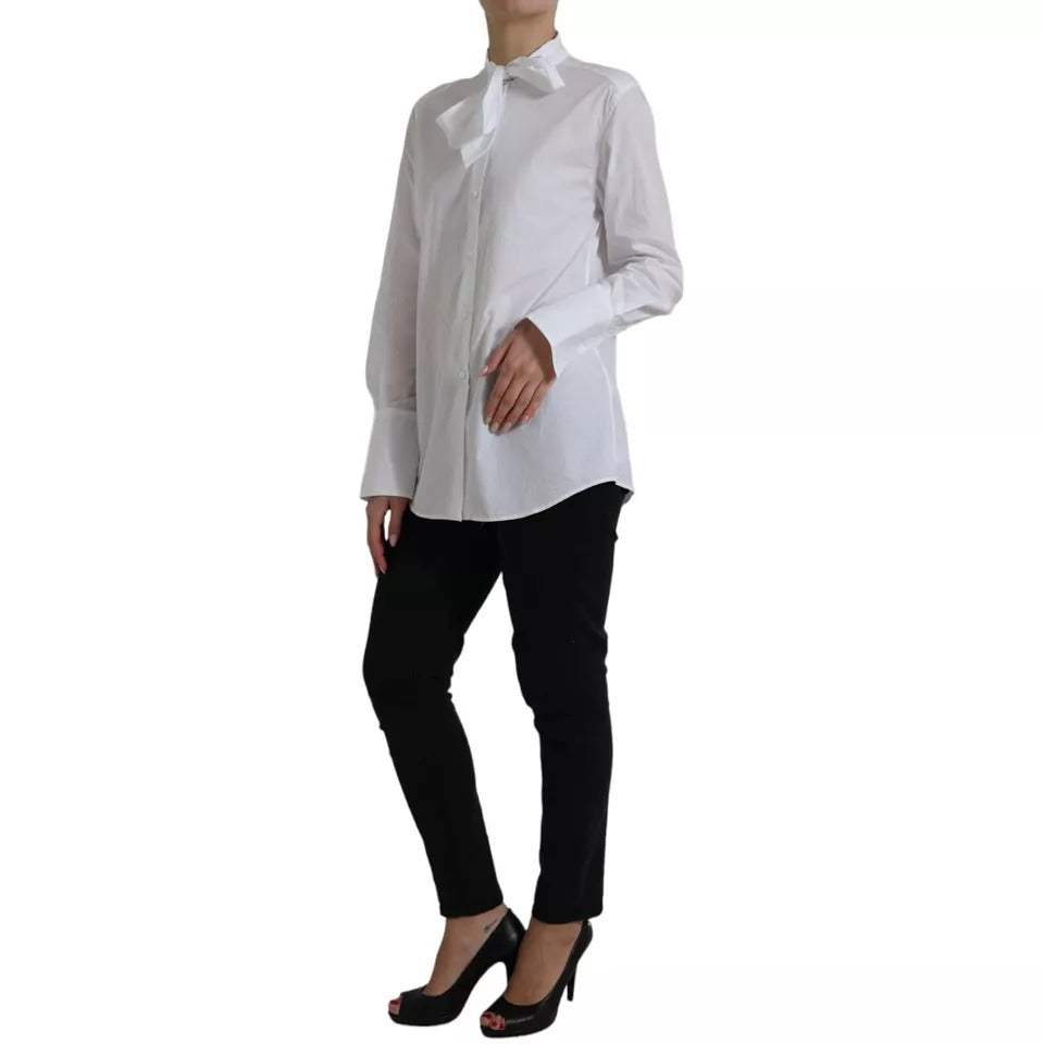 Dolce & Gabbana White Cotton Ascot Collar Long Sleeves Top Dolce & Gabbana