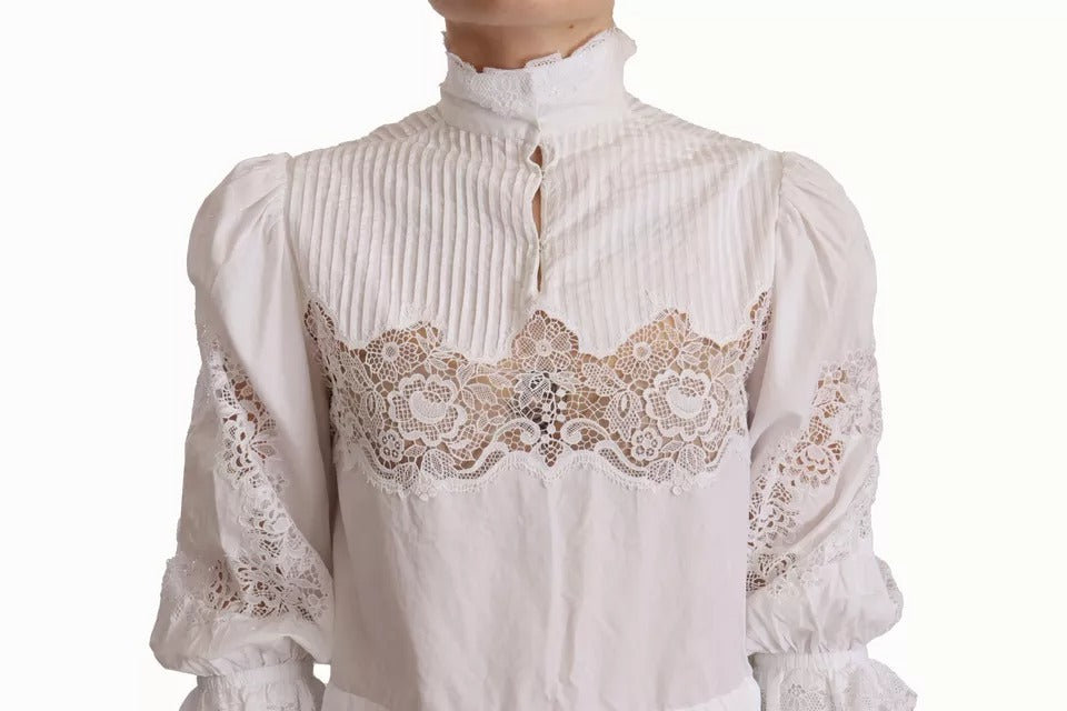 Dolce & Gabbana White Cotton Lace Trim Turtle Neck Blouse Top Dolce & Gabbana