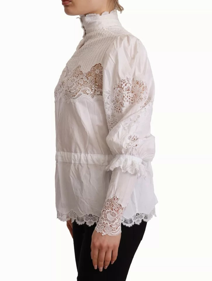 Dolce & Gabbana White Cotton Lace Trim Turtle Neck Blouse Top Dolce & Gabbana