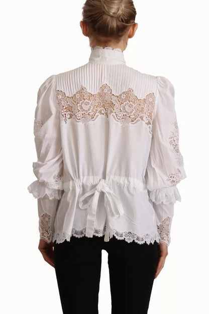 Dolce & Gabbana White Cotton Lace Trim Turtle Neck Blouse Top Dolce & Gabbana