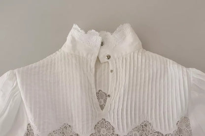 Dolce & Gabbana White Cotton Lace Trim Turtle Neck Blouse Top Dolce & Gabbana