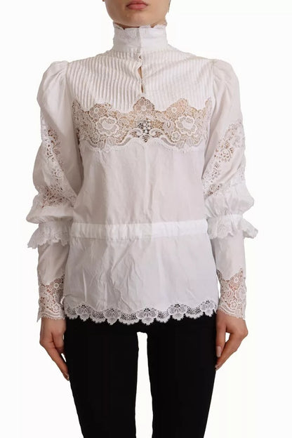 Dolce & Gabbana White Cotton Lace Trim Turtle Neck Blouse Top Dolce & Gabbana