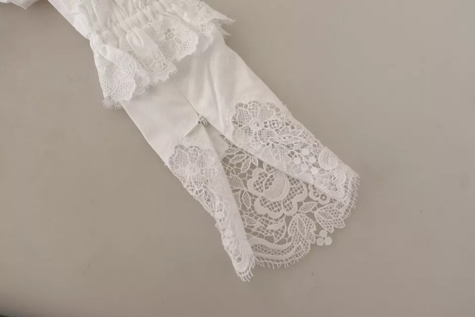 Dolce & Gabbana White Cotton Lace Trim Turtle Neck Blouse Top Dolce & Gabbana