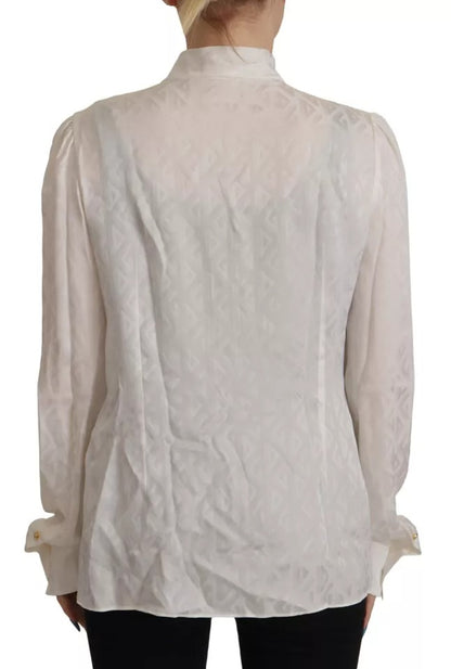 Dolce & Gabbana White Patterned Silk Ascot Collar Blouse Top Dolce & Gabbana