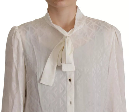 Dolce & Gabbana White Patterned Silk Ascot Collar Blouse Top Dolce & Gabbana