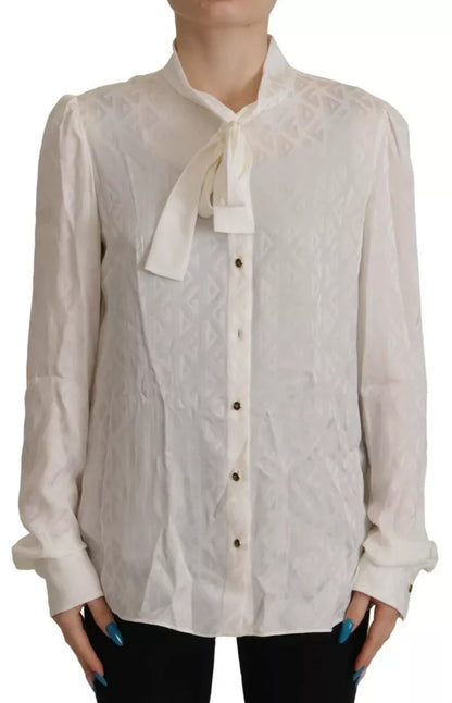 Dolce & Gabbana White Patterned Silk Ascot Collar Blouse Top Dolce & Gabbana