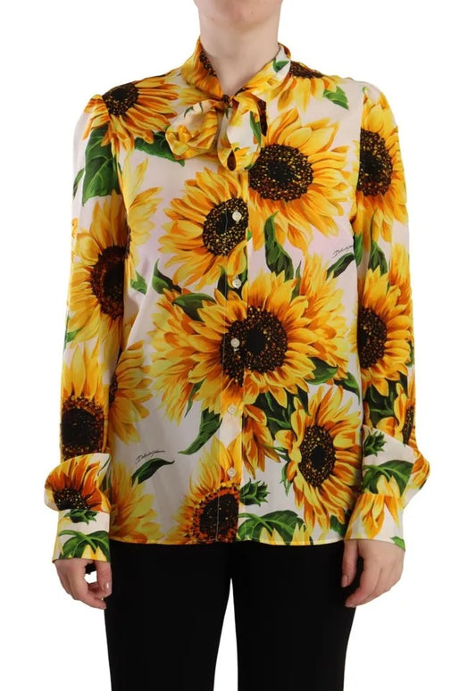 Dolce & Gabbana White Sunflower Silk Ascot Collar Blouse Top Dolce & Gabbana