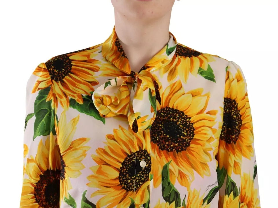 Dolce & Gabbana White Sunflower Silk Ascot Collar Blouse Top Dolce & Gabbana