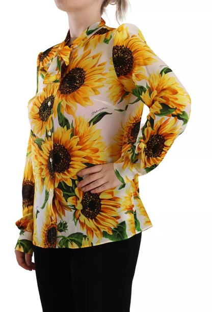 Dolce & Gabbana White Sunflower Silk Ascot Collar Blouse Top Dolce & Gabbana