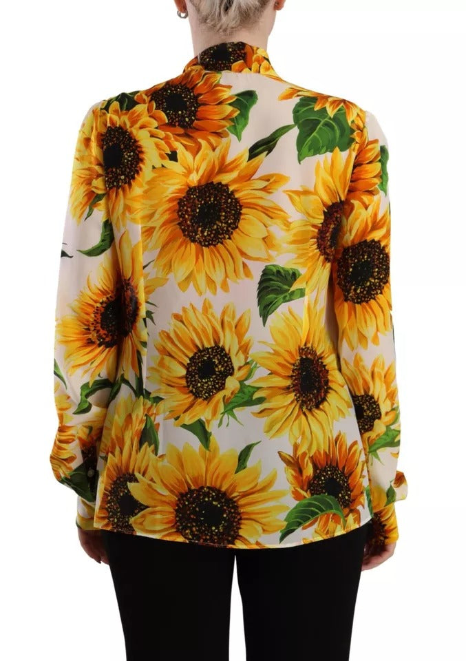 Dolce & Gabbana White Sunflower Silk Ascot Collar Blouse Top Dolce & Gabbana