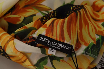 Dolce & Gabbana White Sunflower Silk Ascot Collar Blouse Top Dolce & Gabbana