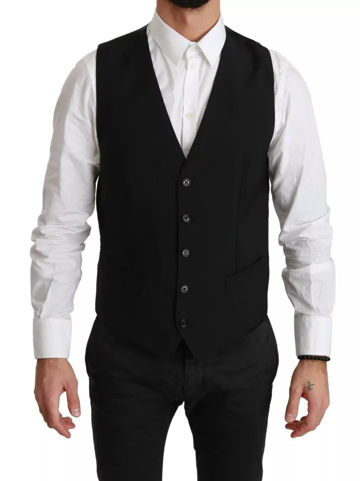 Dolce & Gabbana Black Stretch Waistcoat Formal Dress Wool Vest Dolce & Gabbana