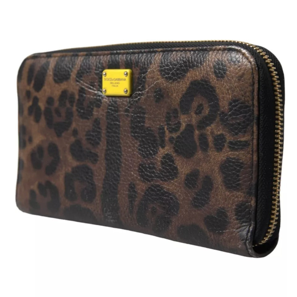 Dolce & Gabbana Brown Leopard Leather DG Zip Around Continental Wallet Dolce & Gabbana