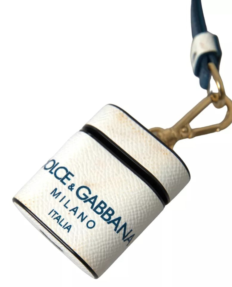 Dolce & Gabbana White Blue Calf Leather Logo Print Strap Airpods Case Dolce & Gabbana