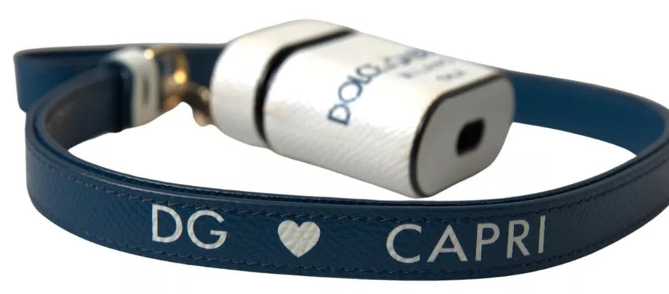 Dolce & Gabbana White Blue Calf Leather Logo Print Strap Airpods Case Dolce & Gabbana