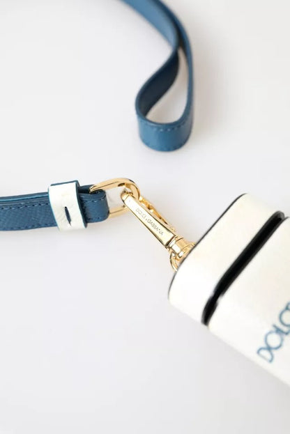 Dolce & Gabbana White Blue Calf Leather Logo Print Strap Airpods Case Dolce & Gabbana