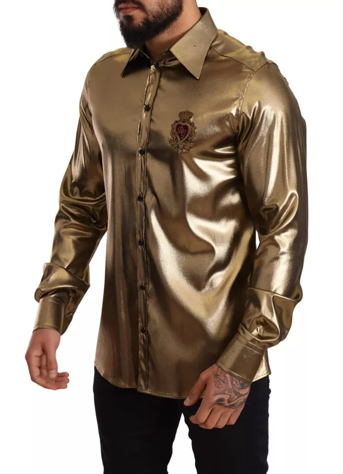 Dolce & Gabbana Metallic Gold DG Embroidered Crown Silk Top Shirt Dolce & Gabbana