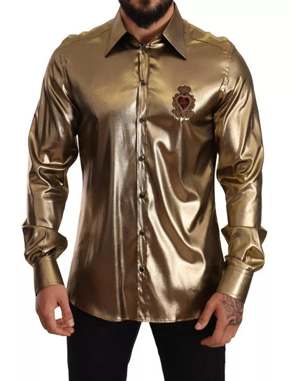 Dolce & Gabbana Metallic Gold DG Embroidered Crown Silk Top Shirt Dolce & Gabbana