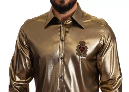 Dolce & Gabbana Metallic Gold DG Embroidered Crown Silk Top Shirt Dolce & Gabbana