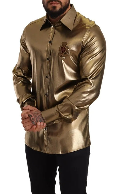 Dolce & Gabbana Metallic Gold DG Embroidered Crown Silk Top Shirt Dolce & Gabbana