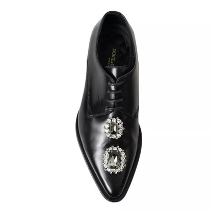 Dolce & Gabbana Black Leather Crystal Lace Up Formal Shoes Dolce & Gabbana