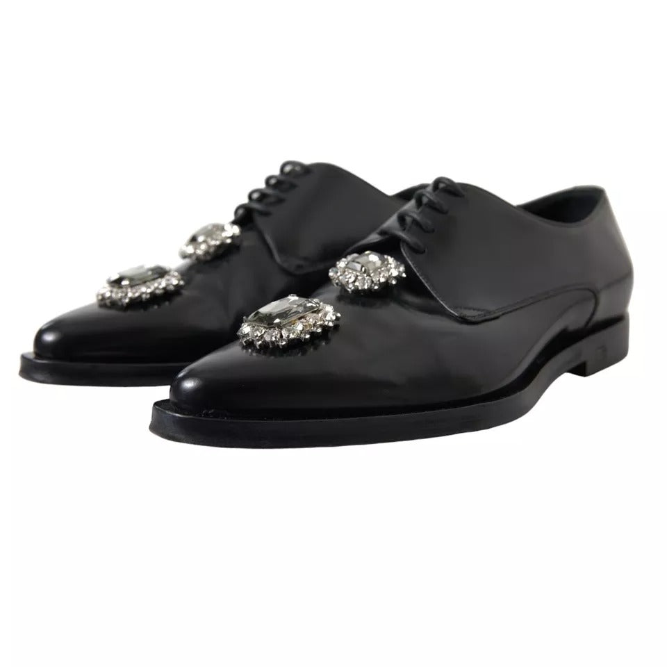 Dolce & Gabbana Black Leather Crystal Lace Up Formal Shoes Dolce & Gabbana