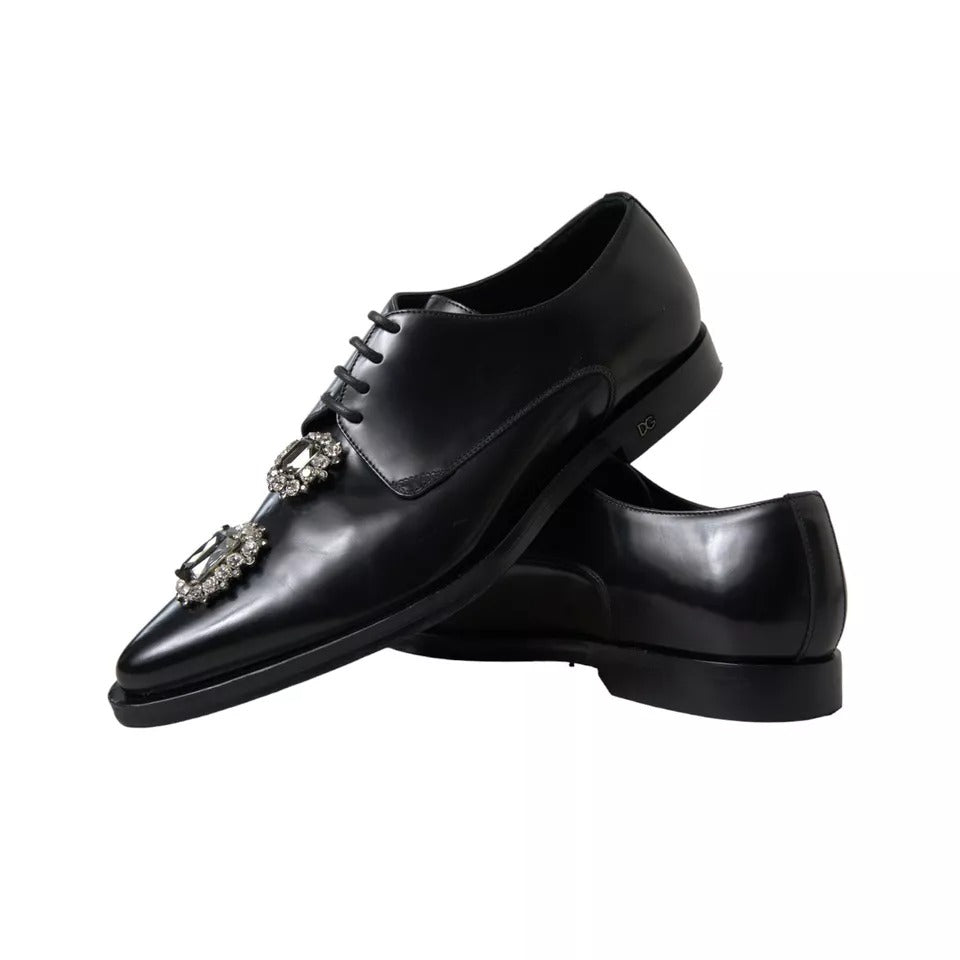 Dolce & Gabbana Black Leather Crystal Lace Up Formal Shoes Dolce & Gabbana