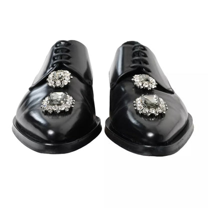 Dolce & Gabbana Black Leather Crystal Lace Up Formal Shoes Dolce & Gabbana