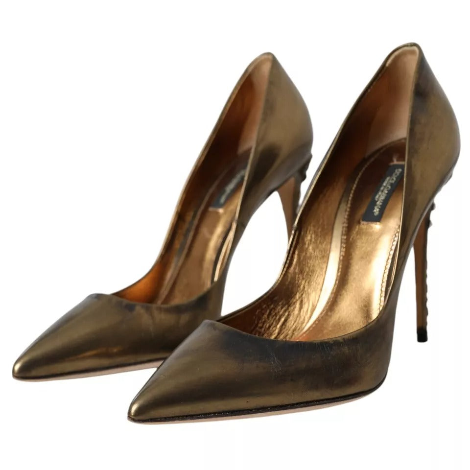 Dolce & Gabbana Bronze Leather Embellished Heels Pumps Shoes Dolce & Gabbana