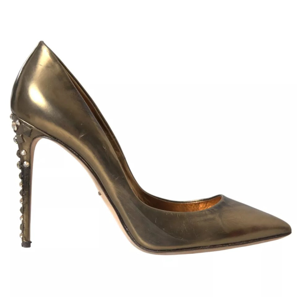 Dolce & Gabbana Bronze Leather Embellished Heels Pumps Shoes Dolce & Gabbana