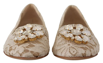 Dolce & Gabbana Beige Lace Crystal Ballet Flats Loafers Shoes Dolce & Gabbana