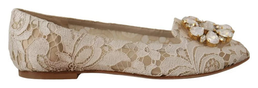 Dolce & Gabbana Beige Lace Crystal Ballet Flats Loafers Shoes Dolce & Gabbana