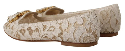 Dolce & Gabbana Beige Lace Crystal Ballet Flats Loafers Shoes Dolce & Gabbana