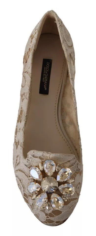 Dolce & Gabbana Beige Lace Crystal Ballet Flats Loafers Shoes Dolce & Gabbana