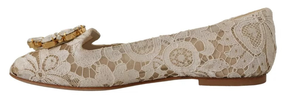 Dolce & Gabbana Beige Lace Crystal Ballet Flats Loafers Shoes Dolce & Gabbana