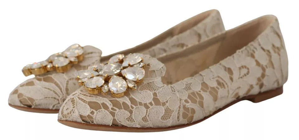 Dolce & Gabbana Beige Lace Crystal Ballet Flats Loafers Shoes Dolce & Gabbana