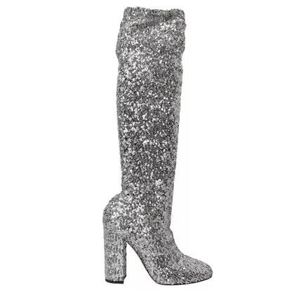 Dolce & Gabbana Silver Sequined High Boots Stretch Shoes Dolce & Gabbana