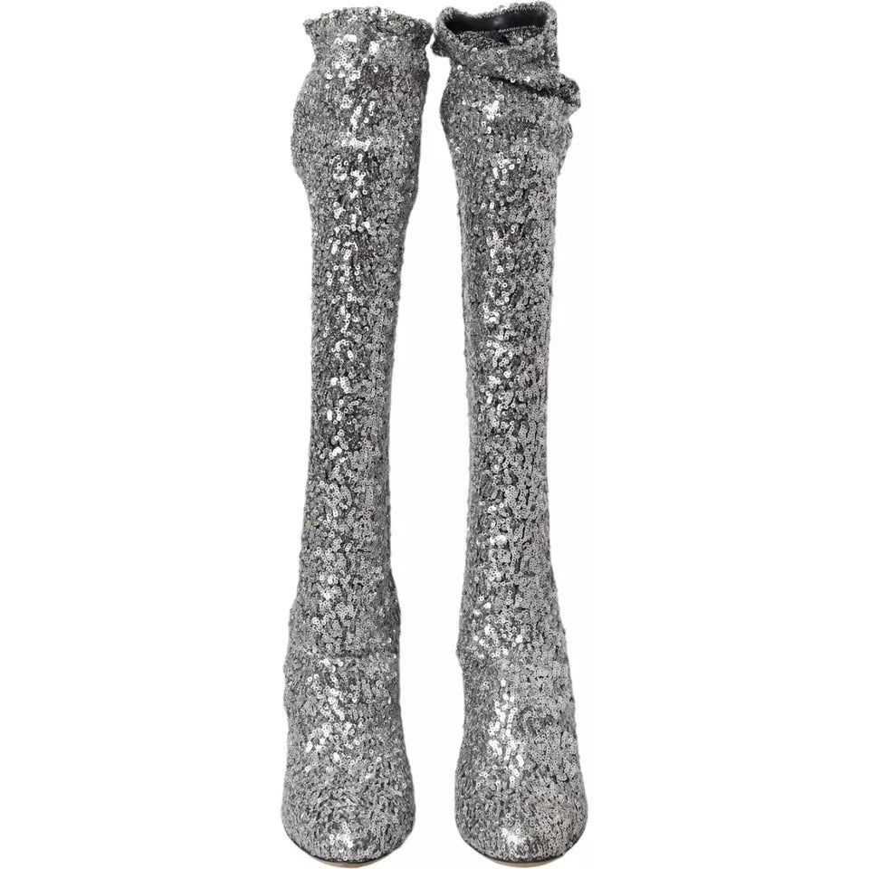 Dolce & Gabbana Silver Sequined High Boots Stretch Shoes Dolce & Gabbana