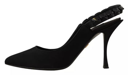 Dolce & Gabbana Black Embellished Heels Slingback Charmeuse Shoes Dolce & Gabbana