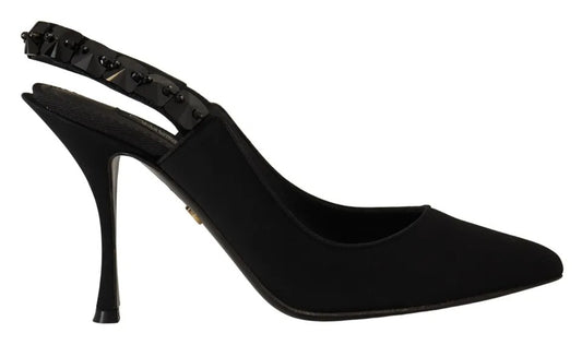 Dolce & Gabbana Black Embellished Heels Slingback Charmeuse Shoes Dolce & Gabbana