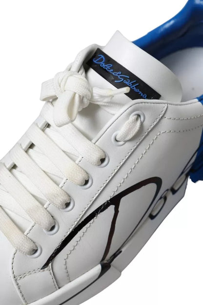 Dolce & Gabbana White Blue Leather Logo Low Top Sneakers Men Shoes Dolce & Gabbana