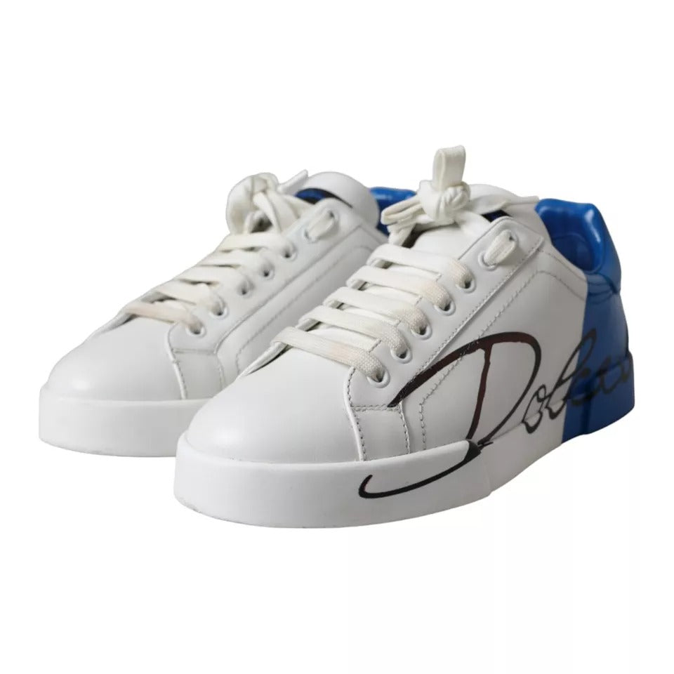 Dolce & Gabbana White Blue Leather Logo Low Top Sneakers Men Shoes Dolce & Gabbana