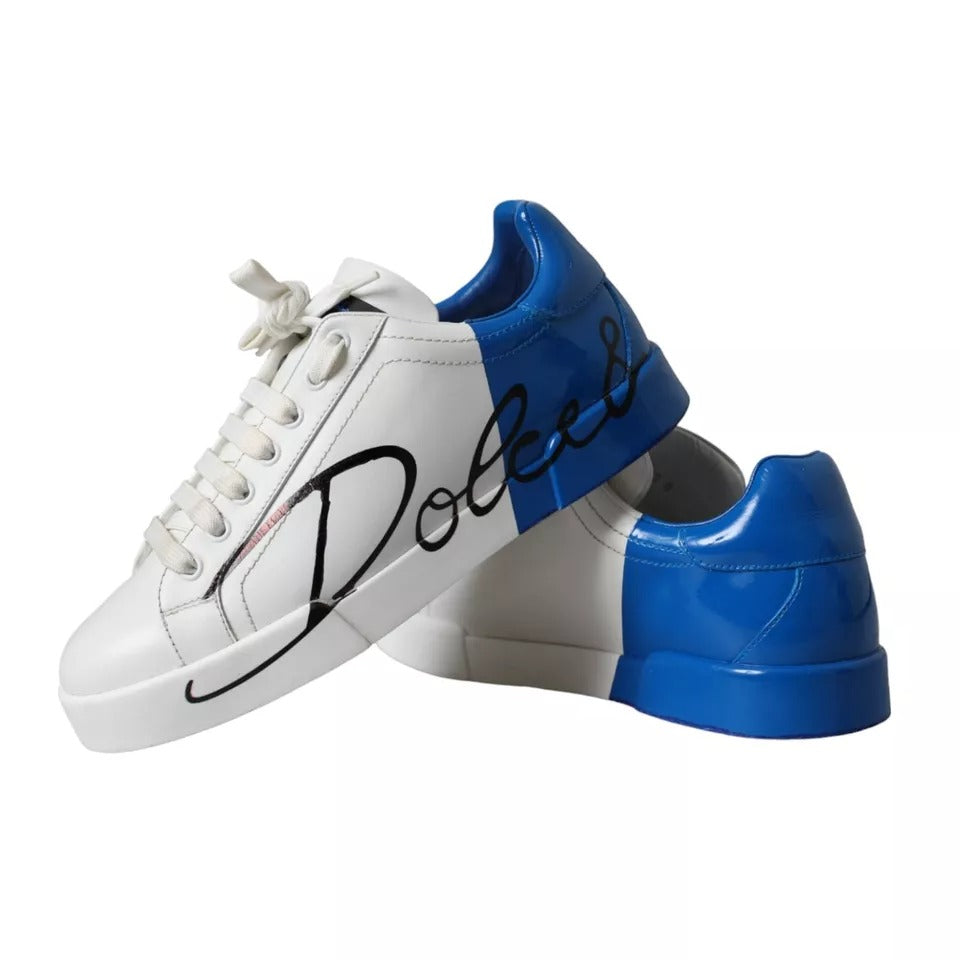 Dolce & Gabbana White Blue Leather Logo Low Top Sneakers Men Shoes Dolce & Gabbana