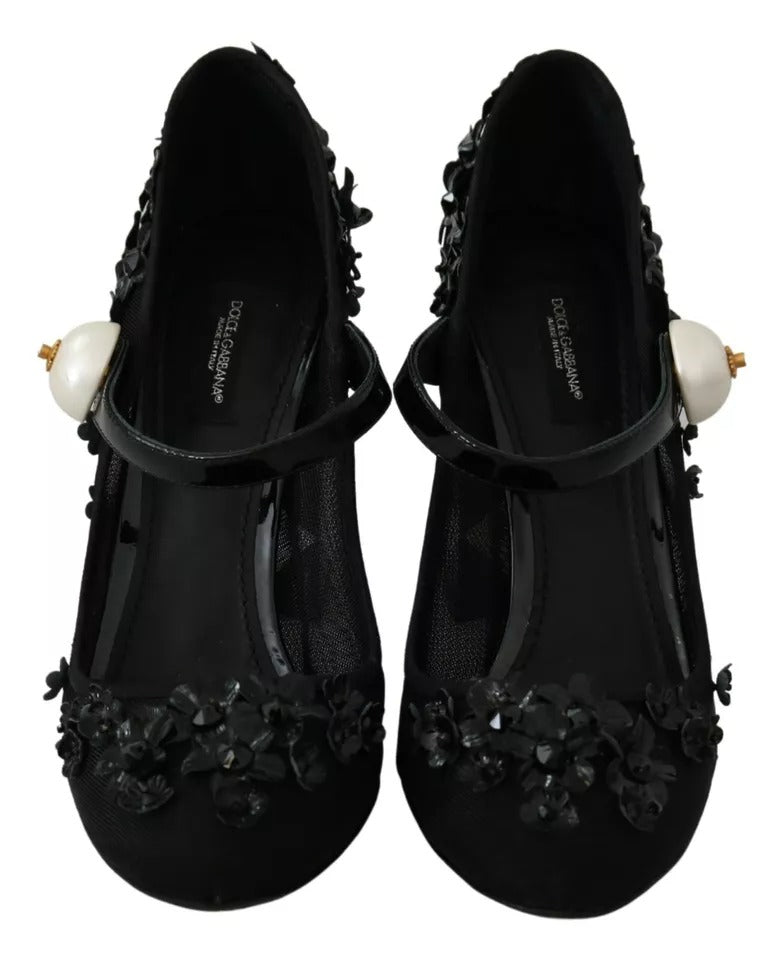 Dolce & Gabbana Black Floral Embellish Heels Mary Janes Pumps Shoes Dolce & Gabbana