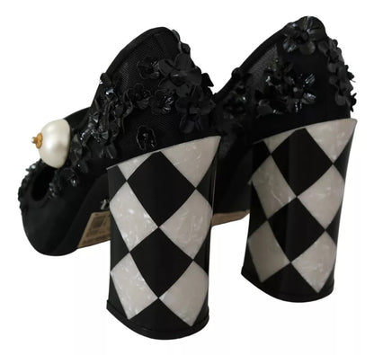 Dolce & Gabbana Black Floral Embellish Heels Mary Janes Pumps Shoes Dolce & Gabbana