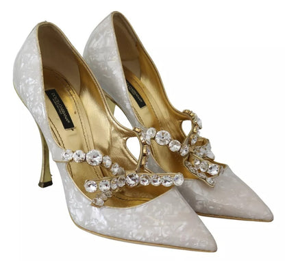 Dolce & Gabbana White Crystal Bow Pearl Mary Jane Pumps Shoes Dolce & Gabbana