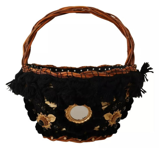 Dolce & Gabbana Black Beige Straw Basket Tote Pom Pom Crystals Bag Dolce & Gabbana